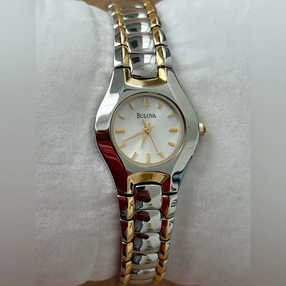 Bulova Ladies New in Box Watch Two-Tone Bracelet White Dial Gold Markers
